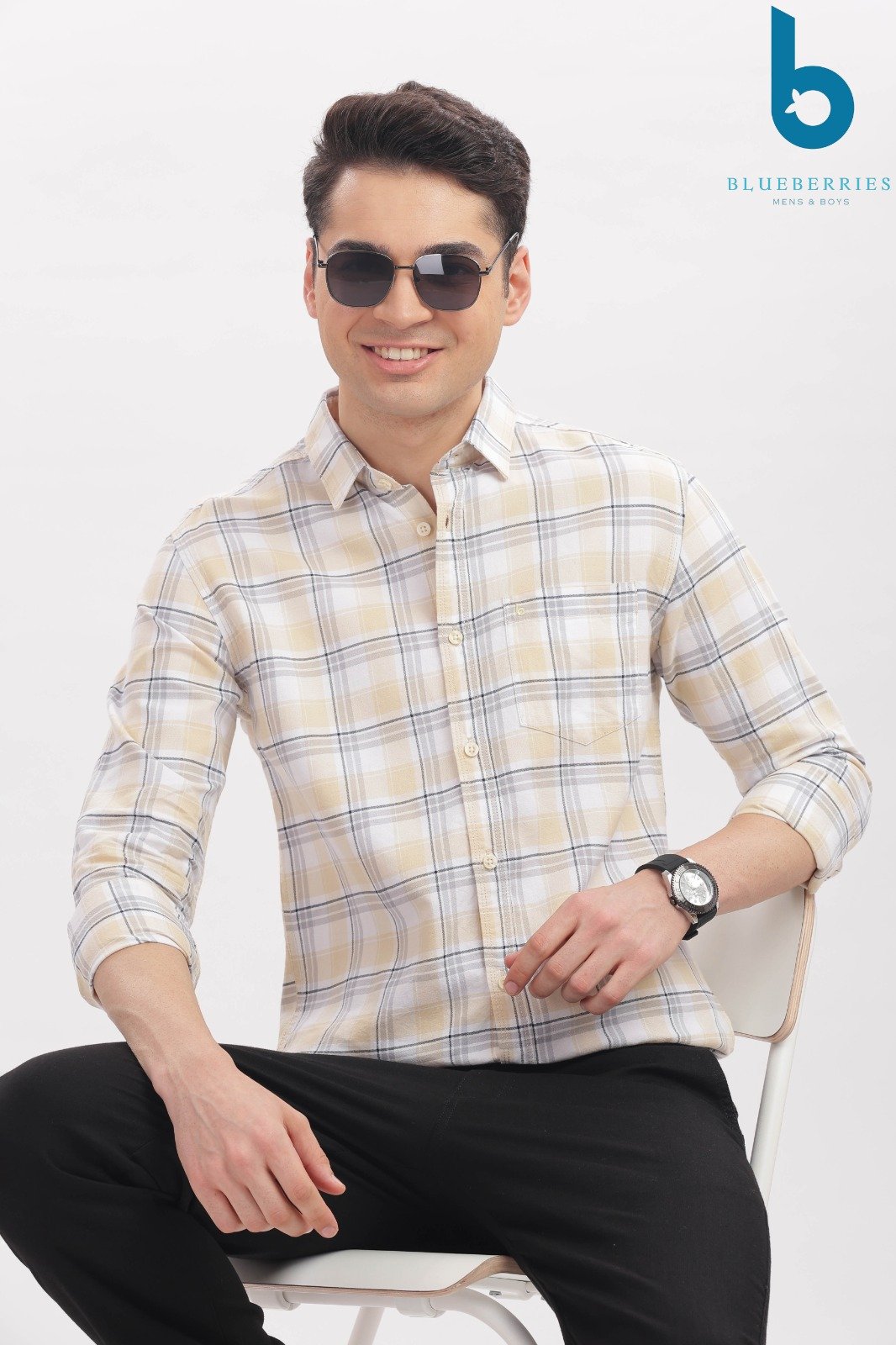 Beige and White Checkered Casual Shirt