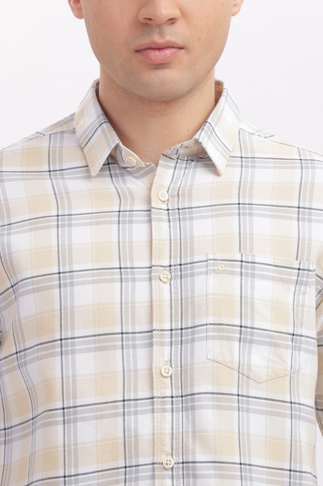 Beige and White Checkered Casual Shirt