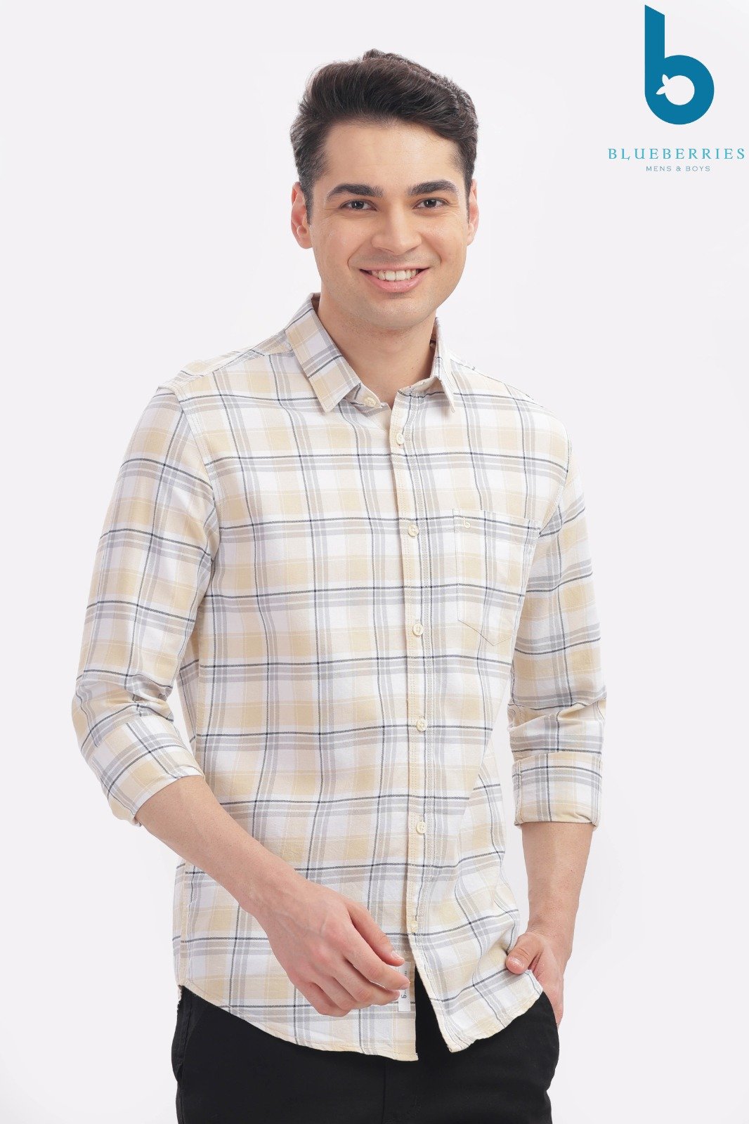 Beige and White Checkered Casual Shirt
