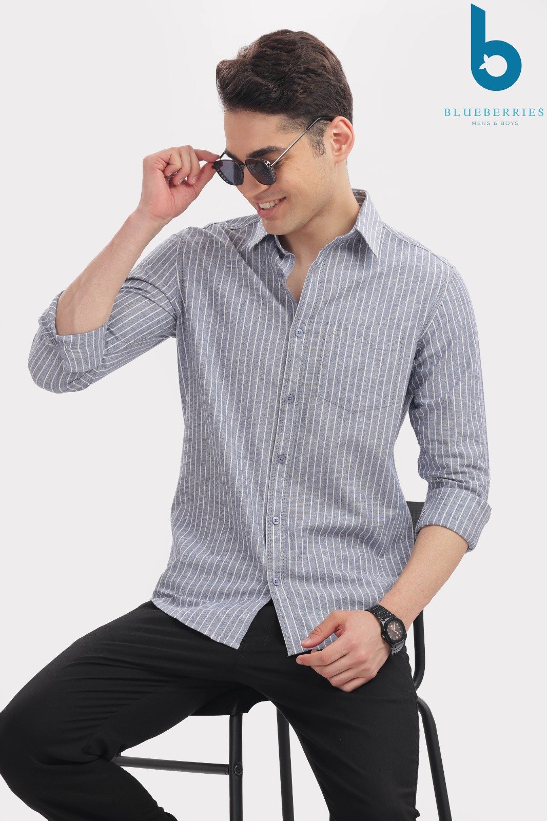 Grey and White Vertical Stripe Casual Shirt
