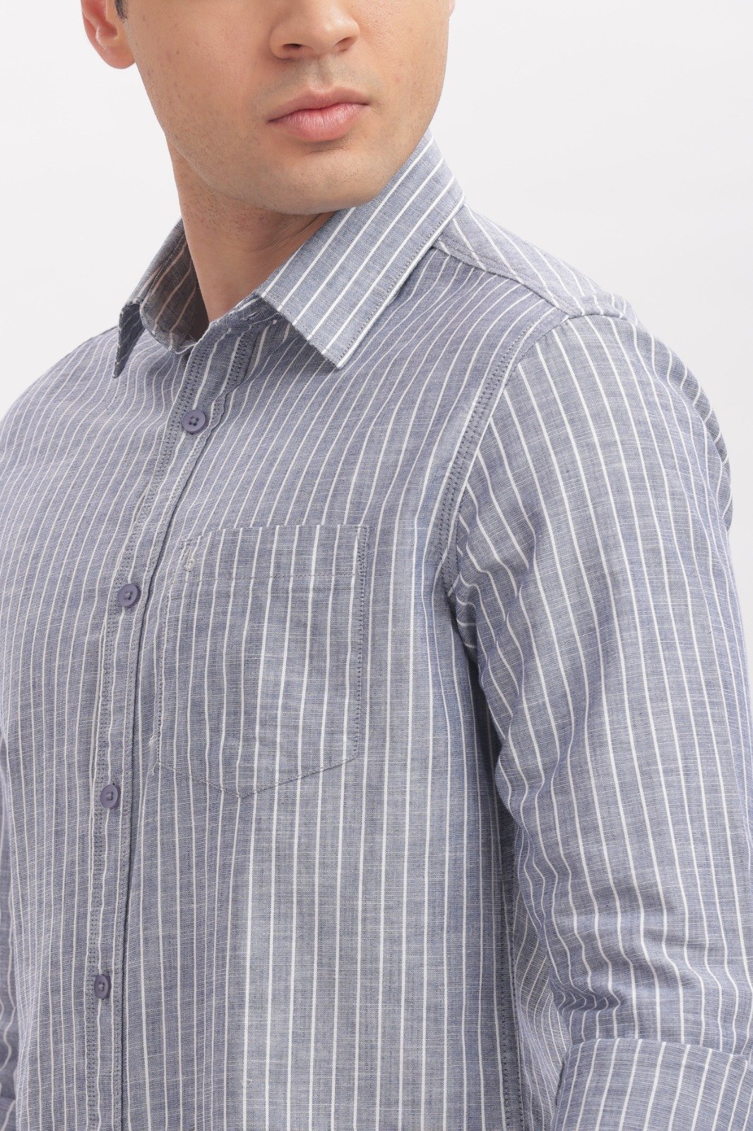 Grey and White Vertical Stripe Casual Shirt