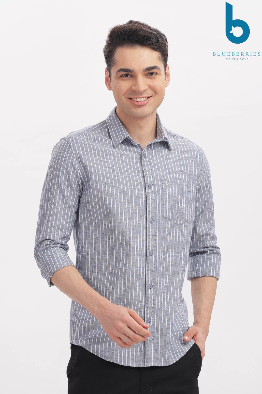 Grey and White Vertical Stripe Casual Shirt