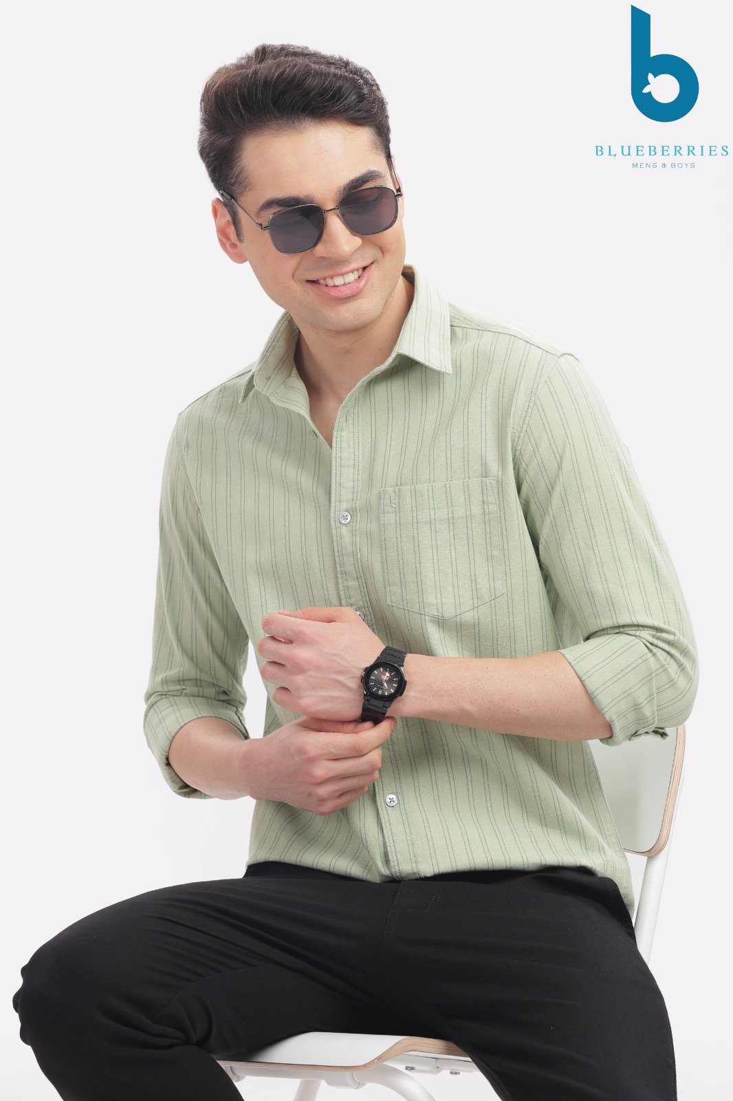 Light Green Vertical Striped Casual Shirt