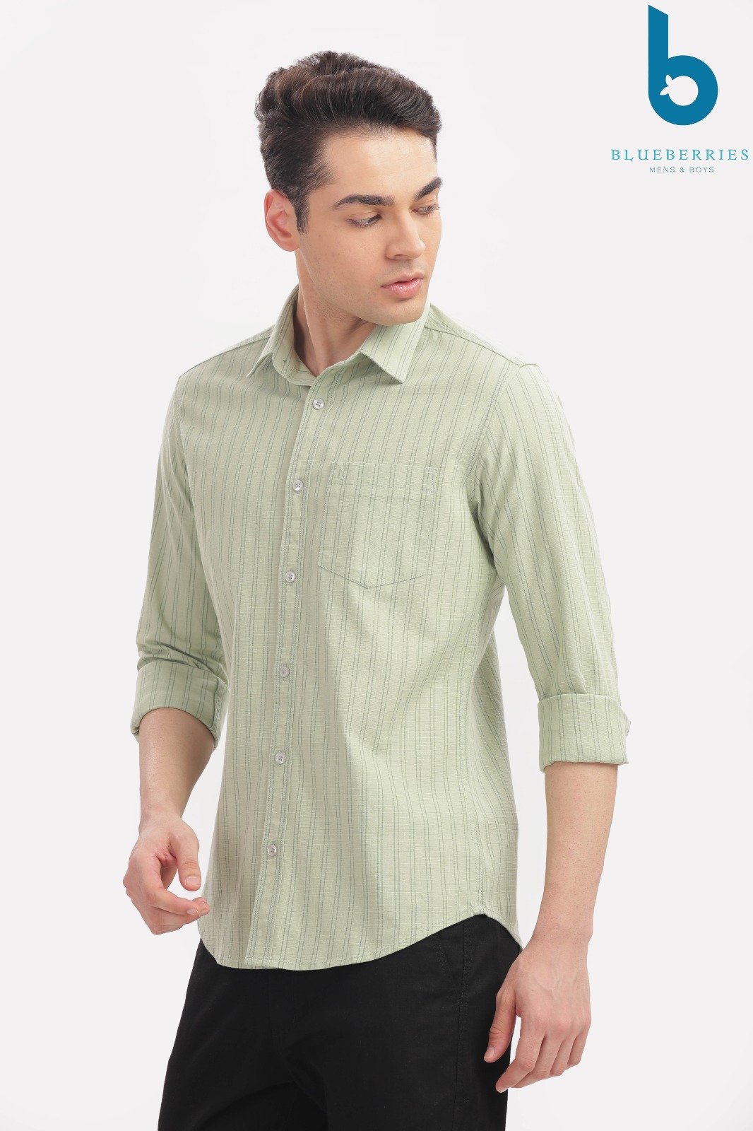 Light Green Vertical Striped Casual Shirt
